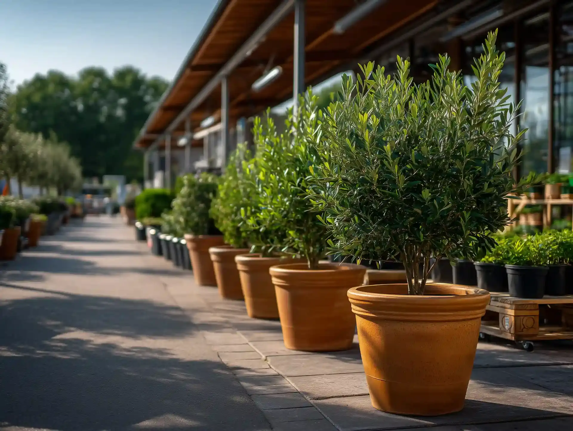 Reihe junger Olivenbäume in Töpfen vor einem Gartencenter