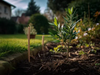 Olivenbaum wird in ein Gartenbeet eingepflanzt